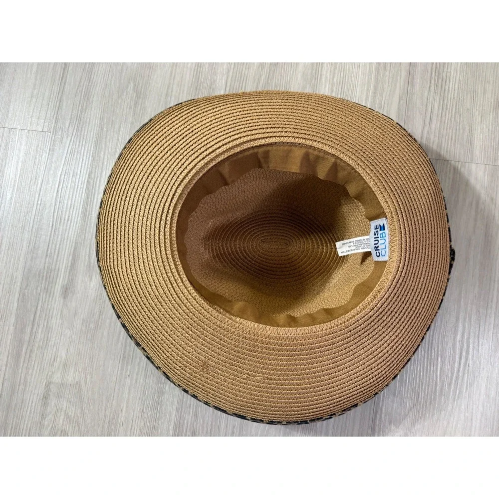 Cruise Club Tan Straw Sun Hat Leopard Print Trim Wide Brim Beach Fedora Womens